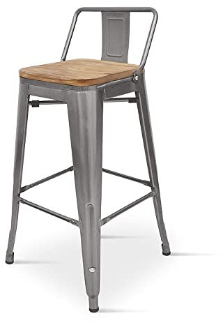 Kosmi - Barhocker, 4 Stück, aus rohem Metall, verzinkt, Industriestil, mit Rückenlehne und Sitzfläche aus hellem Holz, Höhe 66 cm