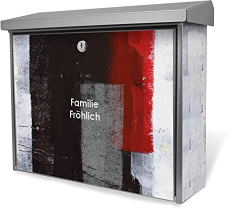 banjado® Burgwächter Briefkasten Edelstahl 38,5x31,5x12cm mit Motiv Abstrakt Rot/Briefkasten Edelstahl ohne Zeitungsfach/Briefkasten grau/Postkasten inkl. Montagematerial & 2 Schlüsseln