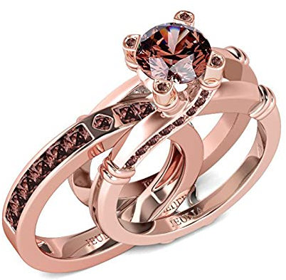 Jeulia Femme Bagues Ensemble en Argent Sterling Solitaire Anneau Plaqué Or Rose 18k Bagues Interchangeable pour Anniversaire Mariage Engagement (Café, 66（21.0）)