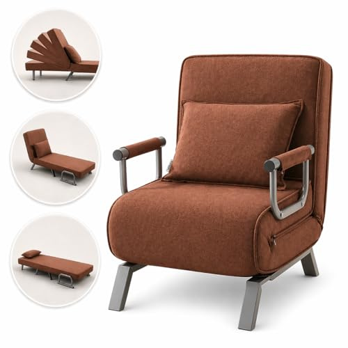 Makika Schlafsessel Schlafsofa TED 3in1 mit Armlehne - Bettfunktion - Verstellbare Rückenlehne - inkl. Kopfkissen - Bis 200kg - Klappsessel Relaxsessel Sofabett Klappbett Gästebett Wohnzimmer Braun
