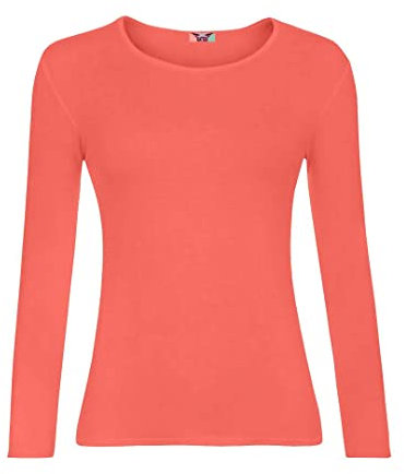 KATSSI Women’s Ladies Long Sleeve Stretch Plain Round Scoop Neck T Shirt Top ML Coral
