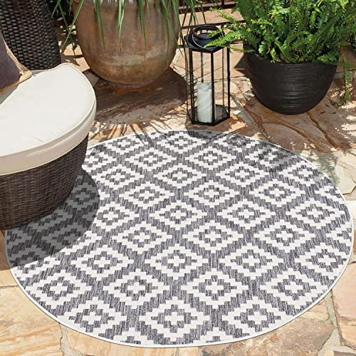 carpet city Outdoor-Teppich Wetterfest Balkon Terrassen - Grau in 160x160 cm Rund - Deko Teppiche Außen Wasserfest - Balkondekoration Rauten-Optik Wohnzimmerteppiche