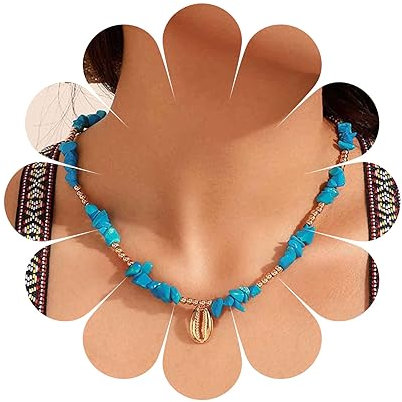 Yheakne Boho unregelmäßige türkisfarbene Perlen-Halskette Kaurimuschel-Anhänger-Halskette Muschel-Türkis-Chips-Halskette goldene Perlenkette Halskette Schmuck für Frauen und Mädchen