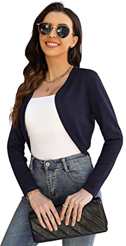 KOJOOIN Cardigan Court Boléro Femme Tricoté Élégant Épaule Veste Bleu foncé (tricoté) L
