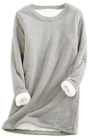 Sukany Women's Warm Sherpa Lined Fleece Crewneck Sport Sweatshirt Pullover Winter Loungewear Tunic Tops Light Grey S