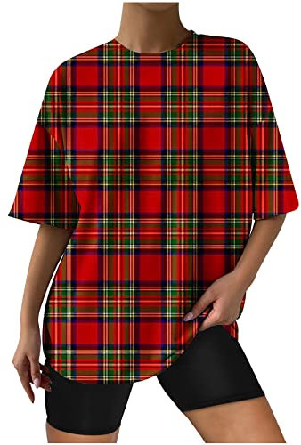 xinxinyu Tops Damen Mode Bluse Damen Elegant Crewneck Tops Top Bluse mit überschnittener Schulter und Karomuster Kurzarm Bluse Damen Freizeitkleider Damen Sommer Kariertes Tops