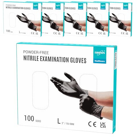 EUROPAPA® 500x Einweghandschuhe Nitrilhandschuhe puderfrei Untersuchungshandschuhe EN455 EN374 latexfrei Einmalhandschuhe Handschuhe in Gr. S, M, L & XL verfügbar (Schwarz, L)