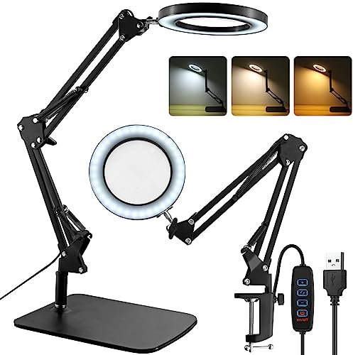 YGiTK 2-in-1 Vergrößerung Lupenlampe 8X, LED Lupenleuchte mit 3 Farbmodi 10 Helligkeitsstufen Dimmbar, Lupelicht mit großem Sockel/Klemme, Lupen Tischlampe für Hobby Basteln Lesen