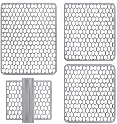 Set Tappeti Lavello 4 Pezzi Salva Lavandino Parabordo Scolapiatti Colorati Gomma (Grigio Chiaro)