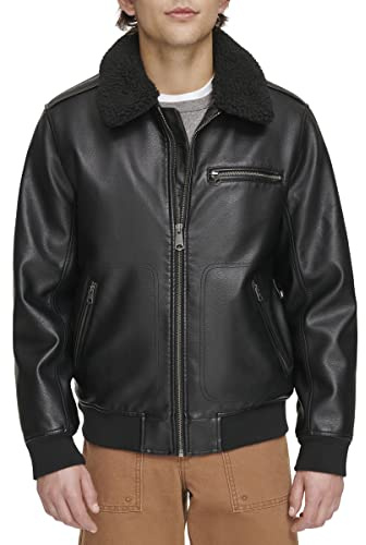 Levi's Men's Faux Leather Aviator Bomber Jacket with Sherpa Collar, Black, Large