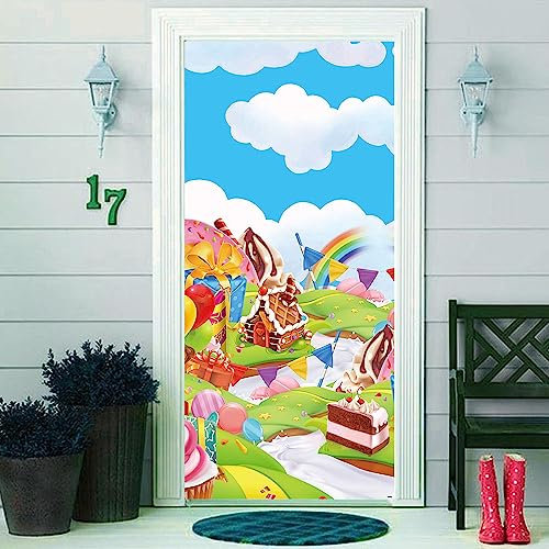 DOTOOMA 90 x 183 cm Candyland Sweet Cartoon Regenbogen Donut Farbe Flagge Ballon Keks Haus Eis Thema Hof Tür Banner Schild Dekorationen Baby Dusche Mädchen Geburtstag Party Polyester Supplies