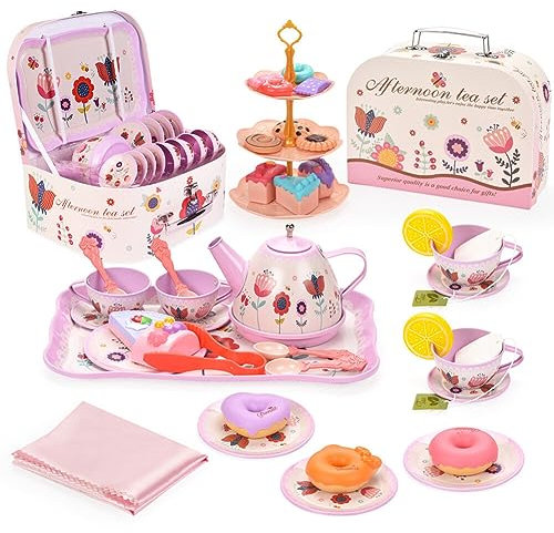 Teeservice Kinder Metall Tee Set mit Dessert Spielzeug Tragekoffer Tin Teekanne Set, Tee Party Rollenspiele, Dessert-Spielzeug Teeservice Kinderküche für Kinder Mädchen 3 4 5 6 7 8 Jahren