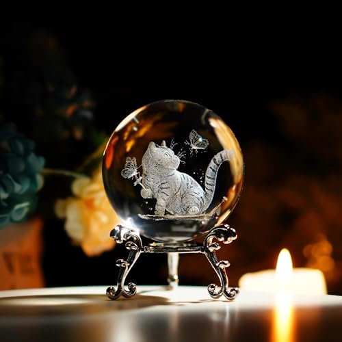 HD LIVING 3D-Katzen-Kristallkugel, Dekoration für Zuhause, Glas, lasergraviert, Katze mit Schmetterlingen, Glasbriefbeschwerer mit Ständer, Kristallkatze, Geschenke für Katzenliebhaber