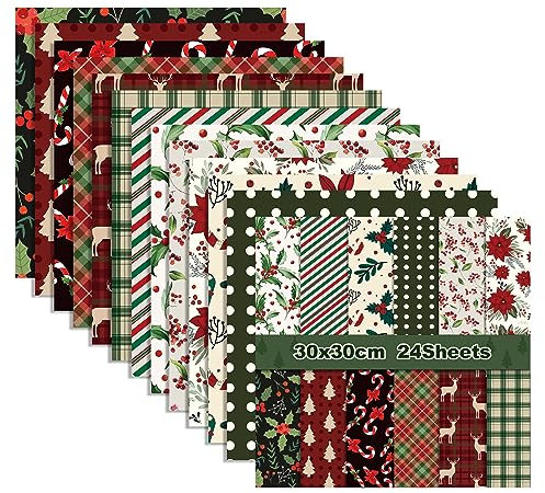 GLKTOPO 24 Blatt Weihnachtsmuster-Scrapbook-Papier, 30,5 x 30,5 cm, doppelseitig, rot, grün, strukturiert, Weihnachtsblumen, Bastelpapier, flach gefaltet, für Bastelkarten, Scrapbooking, Fotoalbum,