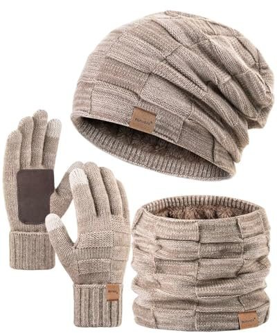 Winuesa Mütze, Schal & Handschuh-Sets für Damen Herren, Slouchy Beanie Mütze Herren Winter Strickmütze Touchscreen Handschuhe Schal Halswärmer Schlauchschal Geschenk set(Khaki)