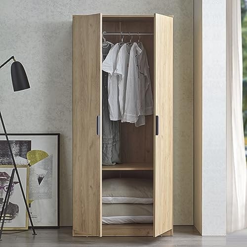 [en.casa] Kleiderschrank Eiselfing Schrank mit 2 Türen Garderobenschrank 176 x 80 x 52 cm Schlafzimmerschrank 1 Kleiderstange 1 Fach Eicheoptik