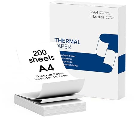 Thermopapier A4 für Mobiler Drucker M08F/M832/M833/M834/M835/Q302, Kompatibel mit Brother, Phomemo, Itari, HPRT MT800/MT800Q, Thermopapier 8.27 x 11.69 (210mm x 297mm) 200 Blatt