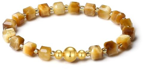 MetJakt Handgemachtes Stretch Armband mit 6MM Echtes Naturstein Würfel Design und 18k Vergoldete Kugel Edelstein Perlenarmband für Damen und Herren (Goldenes Tigerauge -Vergoldet)