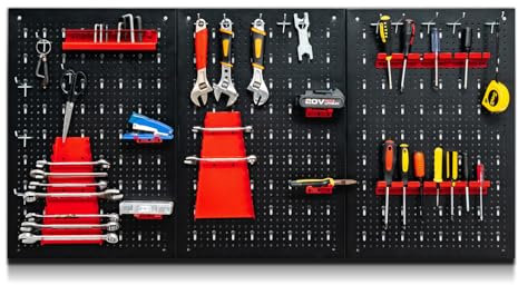 SOARS 120 x 60cm Tablero Perforado, 3 Panel de Herramientas de Pared, Organizador de Herramientas Pared, Pegboard Metal con 25 Accesorios, Tablero Herramientas Pared para Taller Garaje (28 Accesorios)