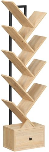 HOOBRO Bücherregal mit Schublade, Standregal mit 9 Ebenen, Baumförmiges Bücherregal, DVD Regal, Bücherturm Freistehend, für Wohnzimmer, Schlafzimmer, Heimbüro, Naturholzfarbe und Schwarz EBN18SJ01G1