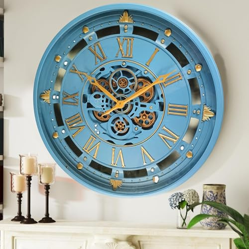The Gears Clock Wanduhr mit echten beweglichen Zahnrädern, belgische Linie mit Glasabdeckung, Blau, 66 cm