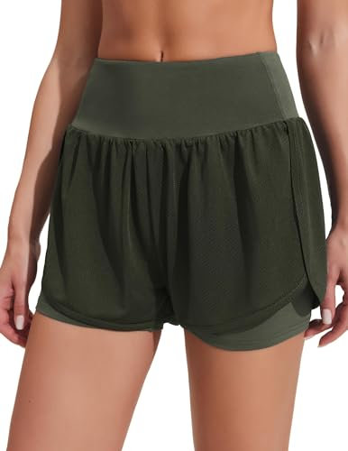 PINSPARK Sporthose Damen Kurz Sommer Laufhose High Waist 2 in 1 mit Tasche Schnell Trocknend Gym Running Fitness Hotpants Armeegrün L