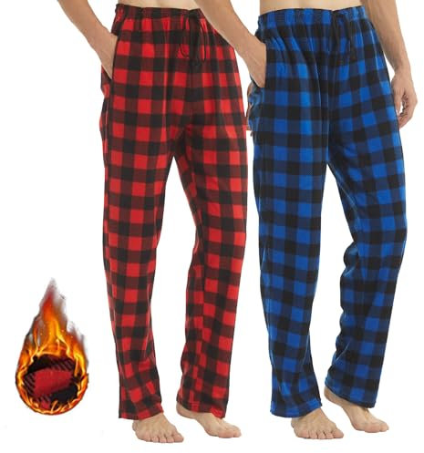 LANBAOSI Lot de 2 Pyjama Homme Hiver à Carreaux Coton Chaud Vêtements de Nuit Pantalon Souple avec Poches
