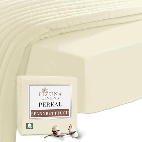 Pizuna Perkal Spannbettlaken 90x200-100x200cm Baumwolle Neues Elfenbein | Atmungsaktiv 100% langstaplige Baumwolle in Perkalbindung nur Spannbettlaken mit 40 cm tiefer Tasche Mako Satin