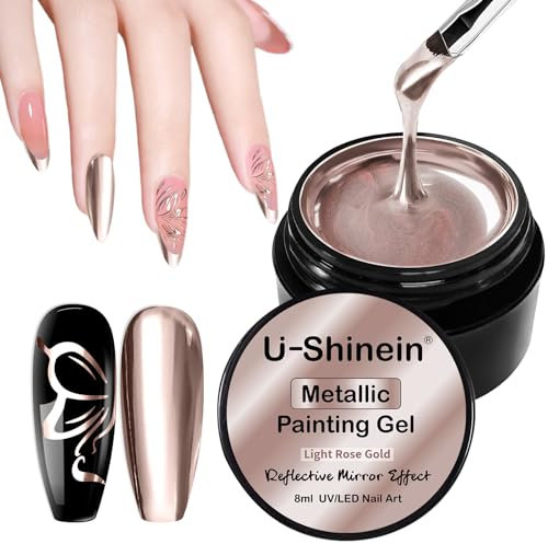 U-Shinein Metallic Painting Gel for Nail, Mirror Silver Golden Nail Gel, Upgraded Super Reflective Metal Painting Gel, Nail DIY Nail Art Paint Liner, UV Gel, Light Rose Gold