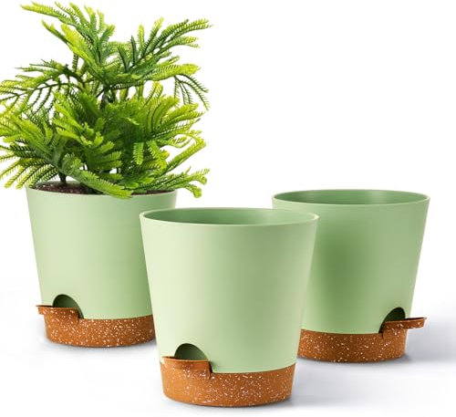 Gardrium Kunststoff Blumentopf Pflanzentopfs (17,8 cm) 3er-Set, Plastik Übertopf mit Ablauflöchern, Pflanzkübel für Innenbereich Balkon,Grün mit braunem Untersetzer