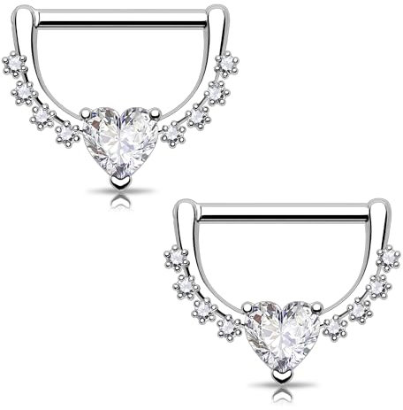 Melighting Nippelringe Herz Nippel Clicker CZ Nipple Barbells 316L Edelstahl Nipple Bars CZ Nipple Piercing Schmuck, 14G 14MM, Edelstahl, Zirkonia