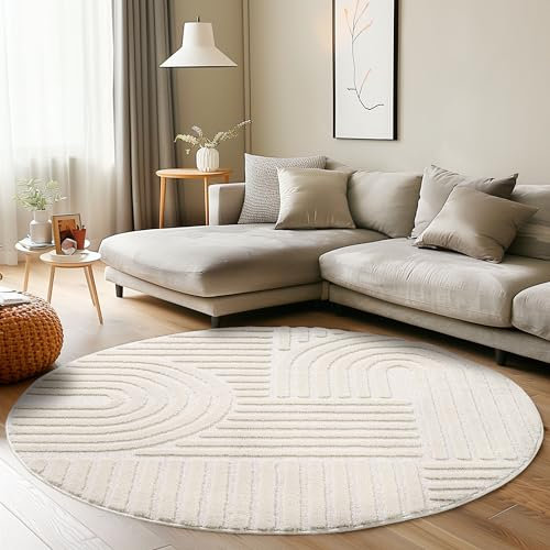 Carpettex Kurzflor Hochtief Teppich 200 cm Rund Creme im Skandi-Look - 3D Effekt Boho Muster Waschbar und Flauschig für Wohnzimmer, Schlafzimmer, Esszimmer und Küche