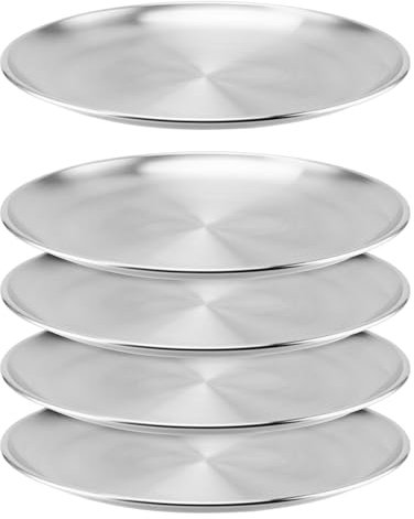 MUNGHOK 5er Set 30cm Edelstahl Geschirr, Rundes Tablett, Metallteller Servierteller Rund Silber Unterteller Essteller für Camping, Grill, Picknick