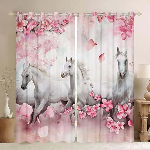 ZZTBQ Mädchen Weißes Pferd Vorhänge Für Kinderzimmer Jungen Frauen Rosa Blüte Blumen Vorhänge Verdunkelungsvorhang 200x160cm Für Jungen Mädchen Kinder Schlafzimmer