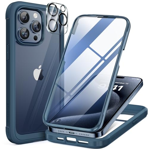 Miracase 360° Hülle für iPhone 15 Pro Max, Ohne Magsafe, Blau | Eingebaute 9H Panzerglas Schutzfolie | 6,7 Zoll | Stoßfest | Komplettschutz | Kameraschutz | Geeignet für Outdoor