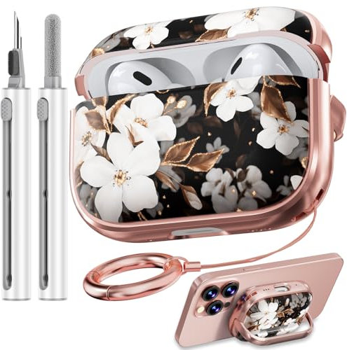 Safety Lock Inesore Flowers Cute Hülle Compatible with AirPod Pro (1st/2nd Gen) - Black Gold Flower Design Case for Women Girls, with Cleaning Kit (2023 USB-C/2022/2019)