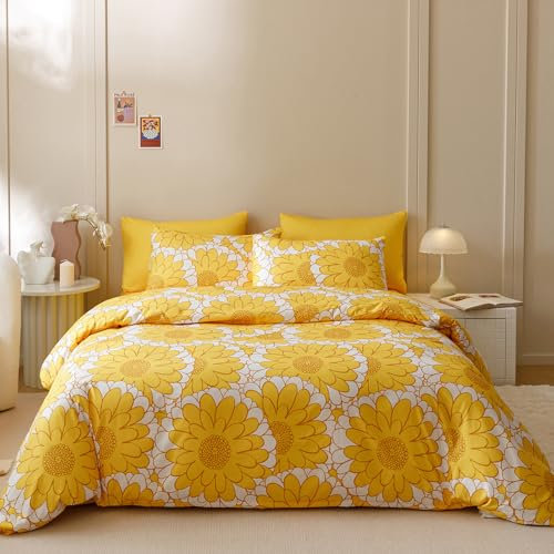 Wellboo Yellow Sunflower Comforter Sets Twin Boho Yellow Floral Bedding Set Cotton Women Girls White and Yellow Botanical Quilt Summer Floral Comforter Large Flower Plant Blankets Garden Bohemian Bed