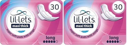 Lil-Lets Maxi Thick Period Pads X 30, Long Absorbency, with Wings, 2 Pack of 30 Maxi Pads, for Medium to Heavy Flow, Unscented, Super Absorbency Sanitary Towel