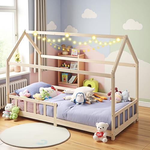 FetiNes Cama Infantil 90x190cm Cama Montessori con Protección Anticaída y Somier, Estructura Listones de Madera de Pino Maciza Color Natural Forma de Casa