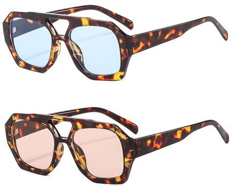 YAMEIZE Retro 70s Double Bridge Lunettes de Soleil - Pilot pour Femmes Hommes Lunettes de Soleil Classiques Hexagonales - Lunettes de conduite carrées