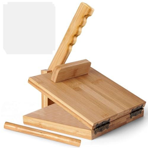 Benssey Tortilla Press10 Inch Roti Maker with Rolling Pin Large Bamboo Wood Tortilla Maker with 50 Pieces Parchment Paper