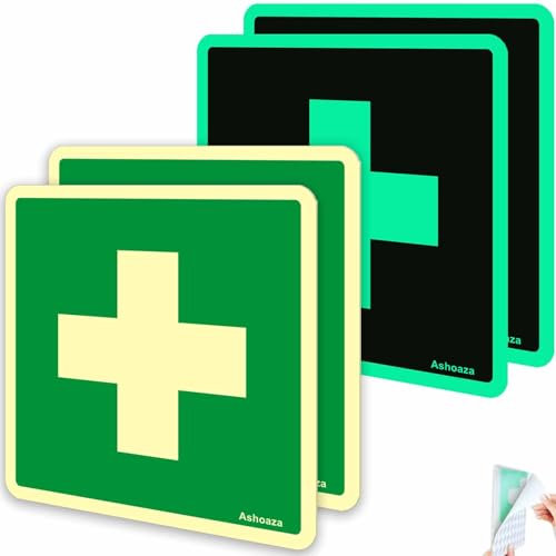 Ashoaza 4 Pezzi Auto Luminosa per Cassetta di Primo Soccorso PVC Adesivo Resistente per Esterno e Interno, Cm 15x15 Cassetta di Pronto Soccorso Cartello, Anti graffio Anti UV Impermeabile