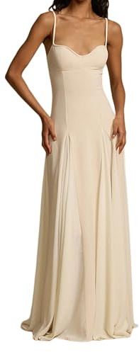 Fiacafyo Elegant Color Block Evening Gown Dress Low Cut Sleeveless Patchwork Pleated Maxi Dress for Women High Waist A Line Flowy Swing Dress (B-Creamy, S)