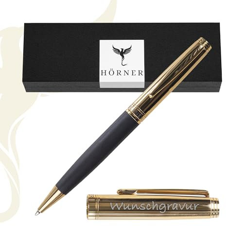 Hörner Legno Kugelschreiber mit Gravur I Ebenholz-Gold I Premium Design I Edle Geschenk-Box I Schreibfarbe Blau I Strichstärke M 1 mm I Drehkugelschreiber I Hochwertiger Holzkugelschreiber