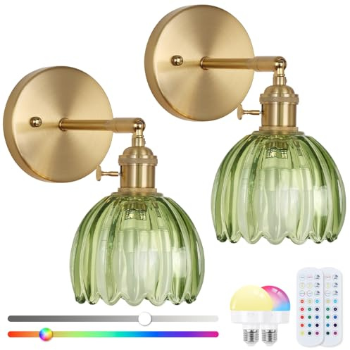 EIDEARAY Battery Operated Wall Sconce Set of 2,Vintage Wall Sconce with Deep Green Tulip Glass Lampshade Rechargeable Wall Light with Remote Control for Bedroom,Living Room, Hallway, Aisle