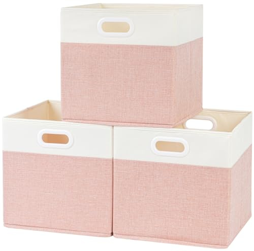 SOCOHOME 33x33x33cm Boxes, Foldable Fabric Cube Storage Boxes for Clothes Shelf Nursery Closet Toys(Pink/White, Set of 3)