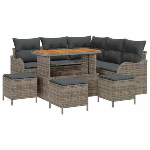 vidaXL 9-teiliges Garten-Sofa-Set mit Kissen in Grau aus Poly Rattan – wetterfest, modulare Lounge-Ecke für 8 Personen, modernes Patio-Möbel-Set mit Tisch.