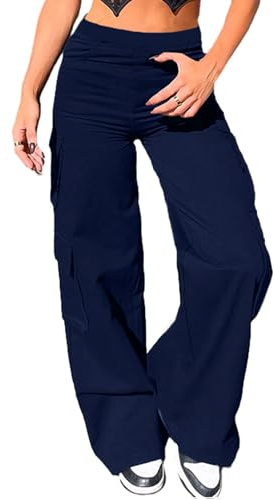 Nuofengkudu Women Stretch Wide Leg Cargo Trousers Bootcut 6 Utility Pockets Elasticated High Waisted Loose Fit Flared Pants Y2K Streetwear