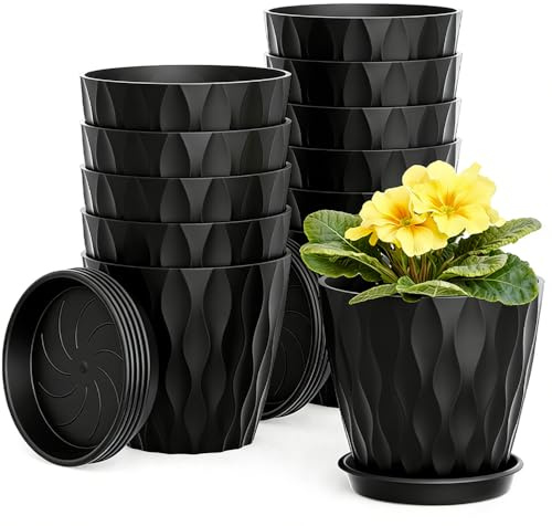 KUWUNG 12 Piezas Macetas de 10 cm, Macetas de Plástico para Flores con Agujeros de Drenaje y platillos, macetas de Interior y Exterior para suculentas y Todas Las Plantas de casa (Negro)