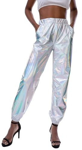 Glitzer Hose Damen Silber Metallic Partyhose Holographische Farbe Streetwear Glänzend Hip-Hop Jogginghose Mode Shiny Elastischer Bund Hosen 70er 80er Disco Outfit Nachtclub Clubwear Karneval Kostüm